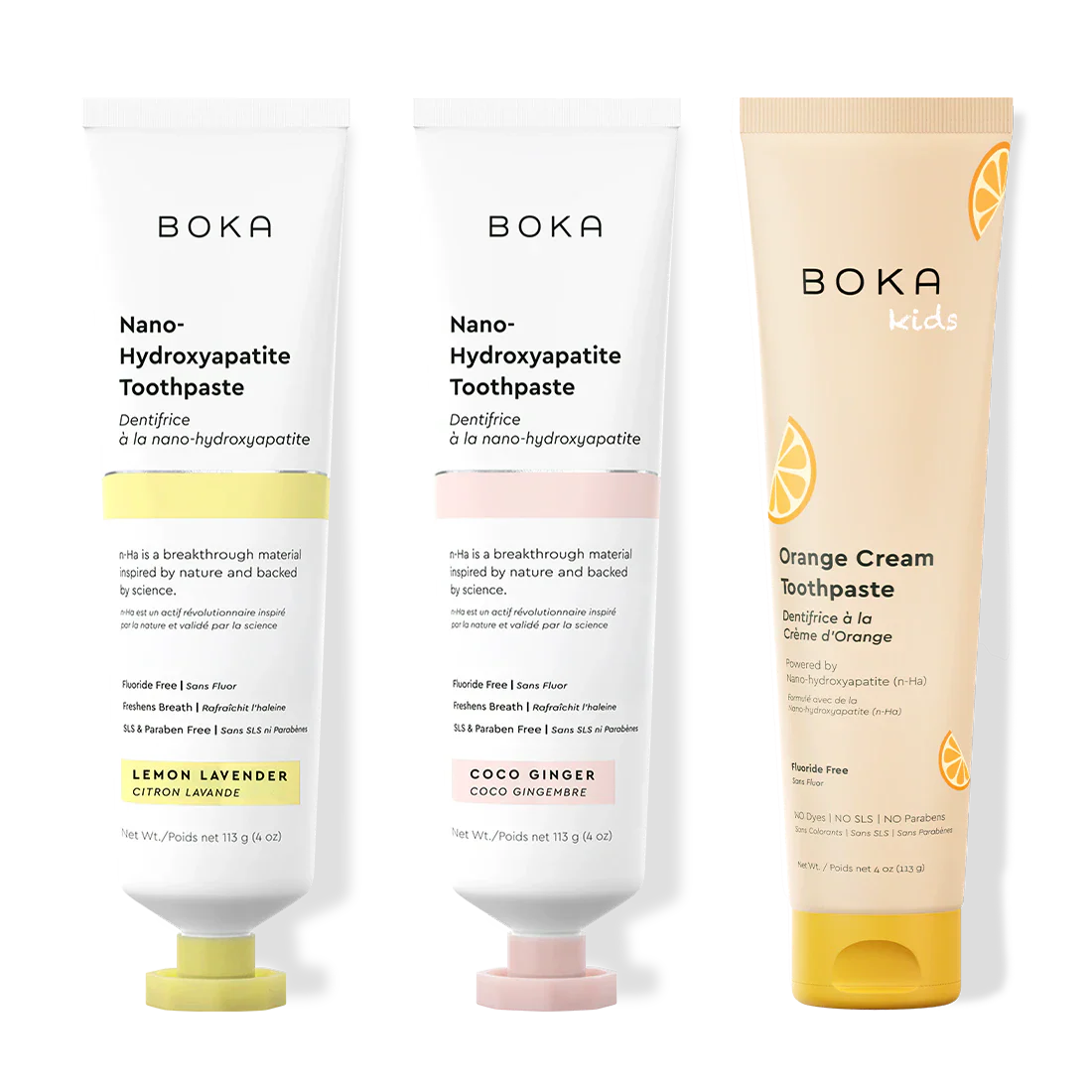 Three Boka toothpaste products on a white background