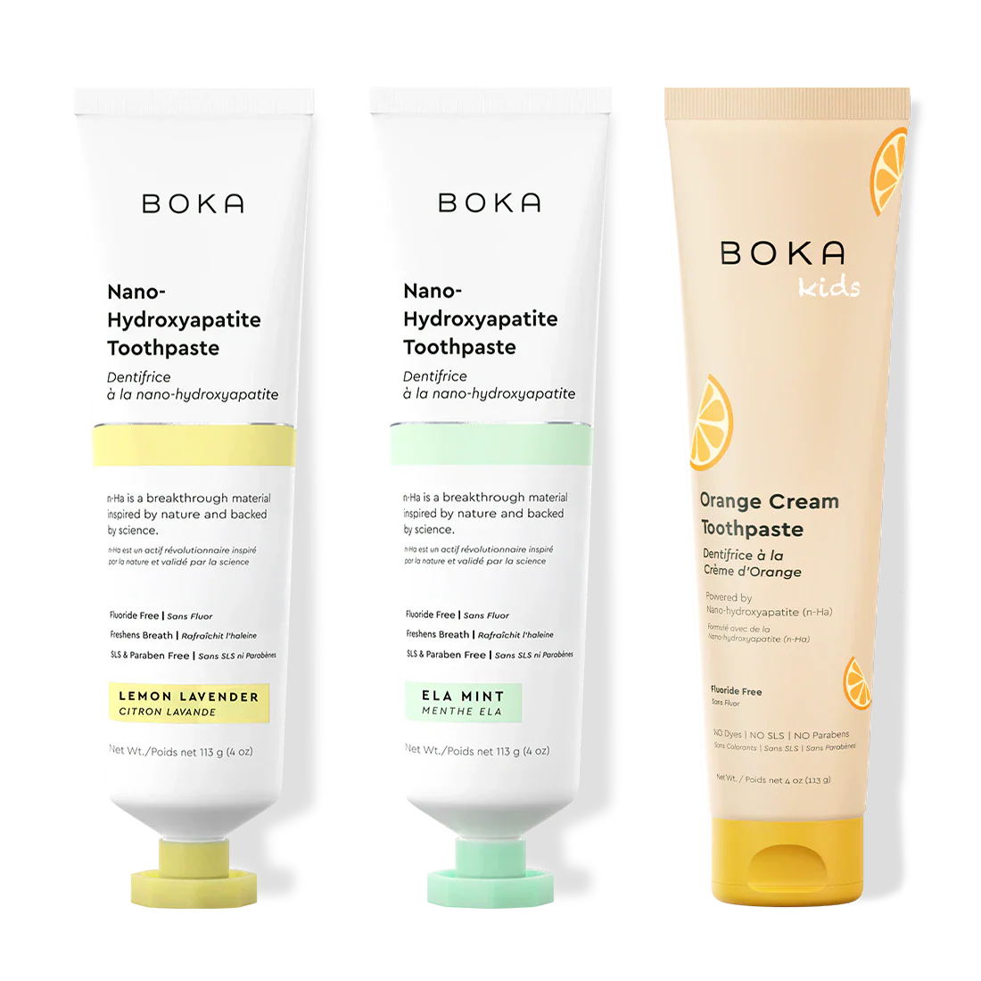 Three bottles of Boka Nano-Hydroxyapatite Toothpaste on a white background
