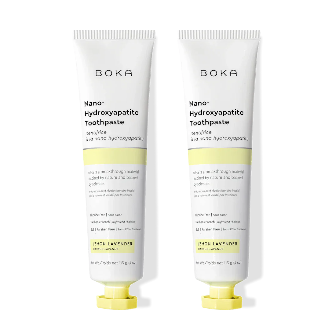 Two tubes of Boka Nano-Hydroxyapatite Toothpaste on a white background
