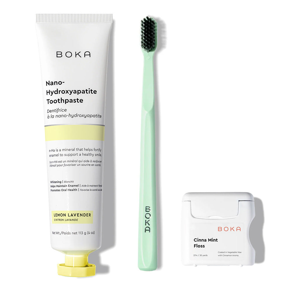Classic Kit: nano-hydroxyapatite toothpaste, green brush with charcoal bristles, & teflon-free floss.
