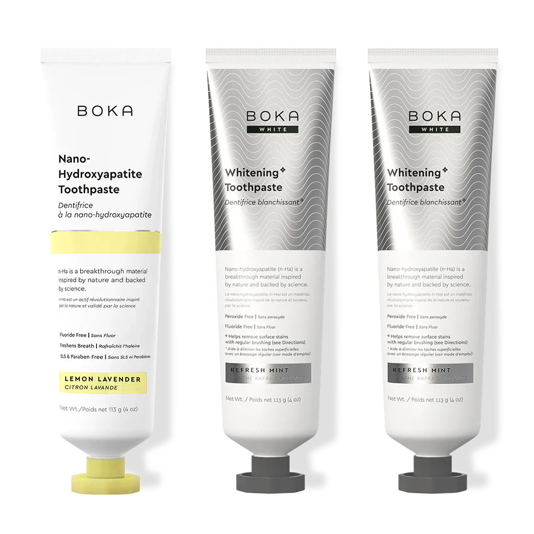 Three bottles of Boka Nano-Hydroxyapatite Toothpaste on a white background