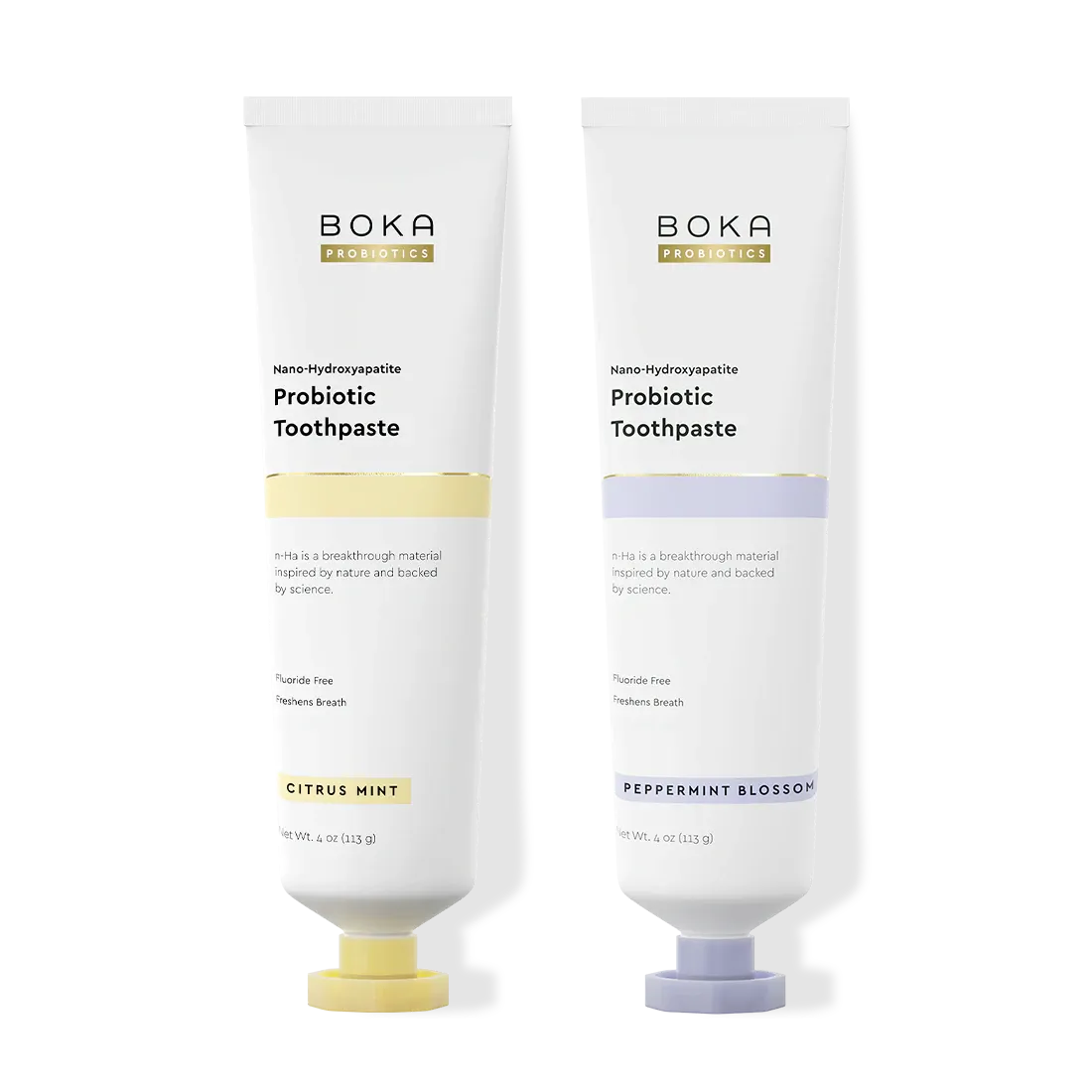 Two tubes of Boka Probiotic Toothpaste on a white background
