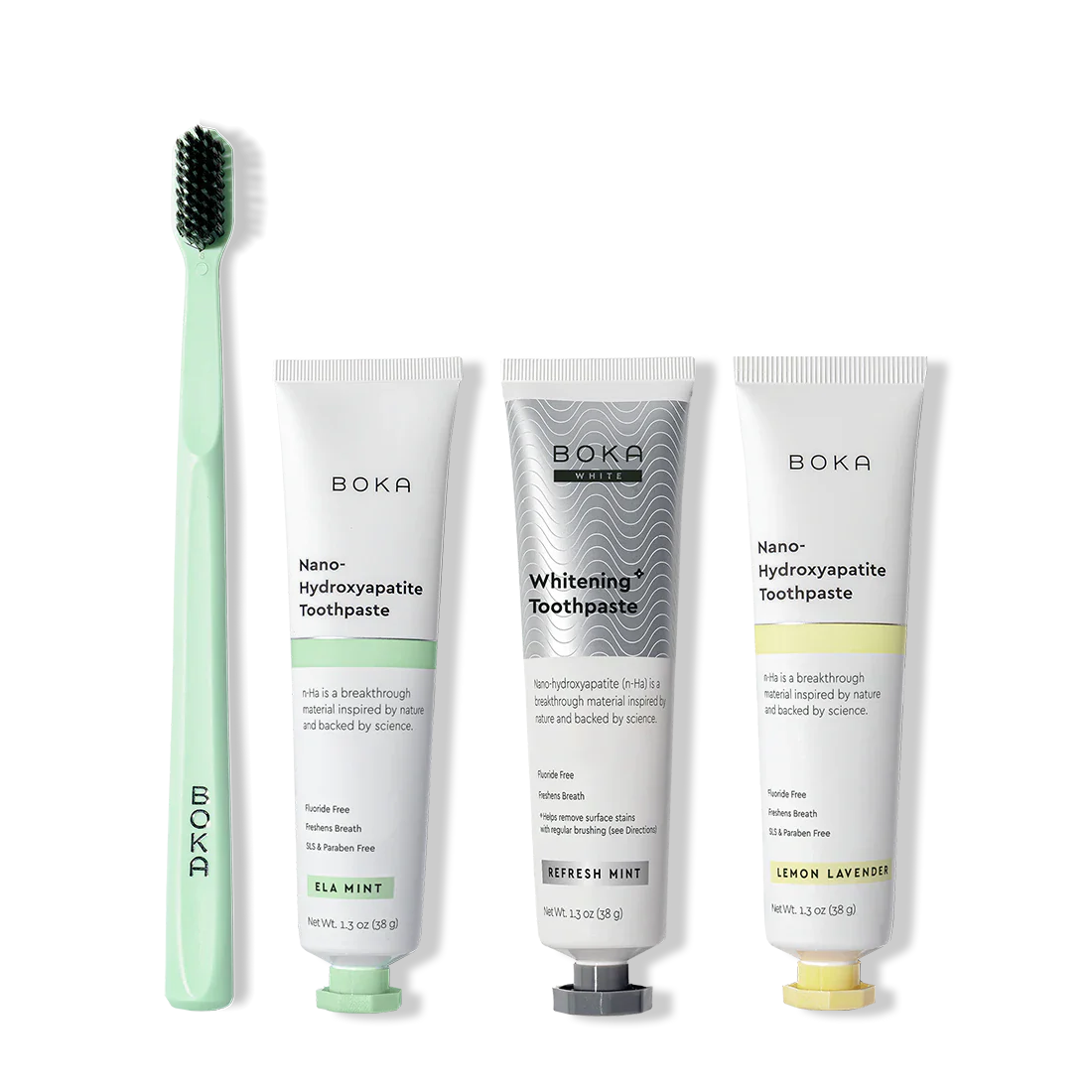 Boka toothpaste and toothbrush on a white background
