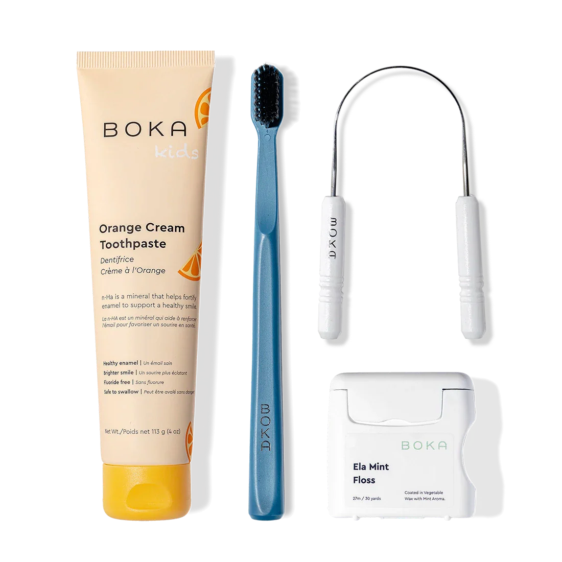 Starter Kit: toothpaste, blue charcoal-bristle toothbrush, floss, and a dental floss pick.