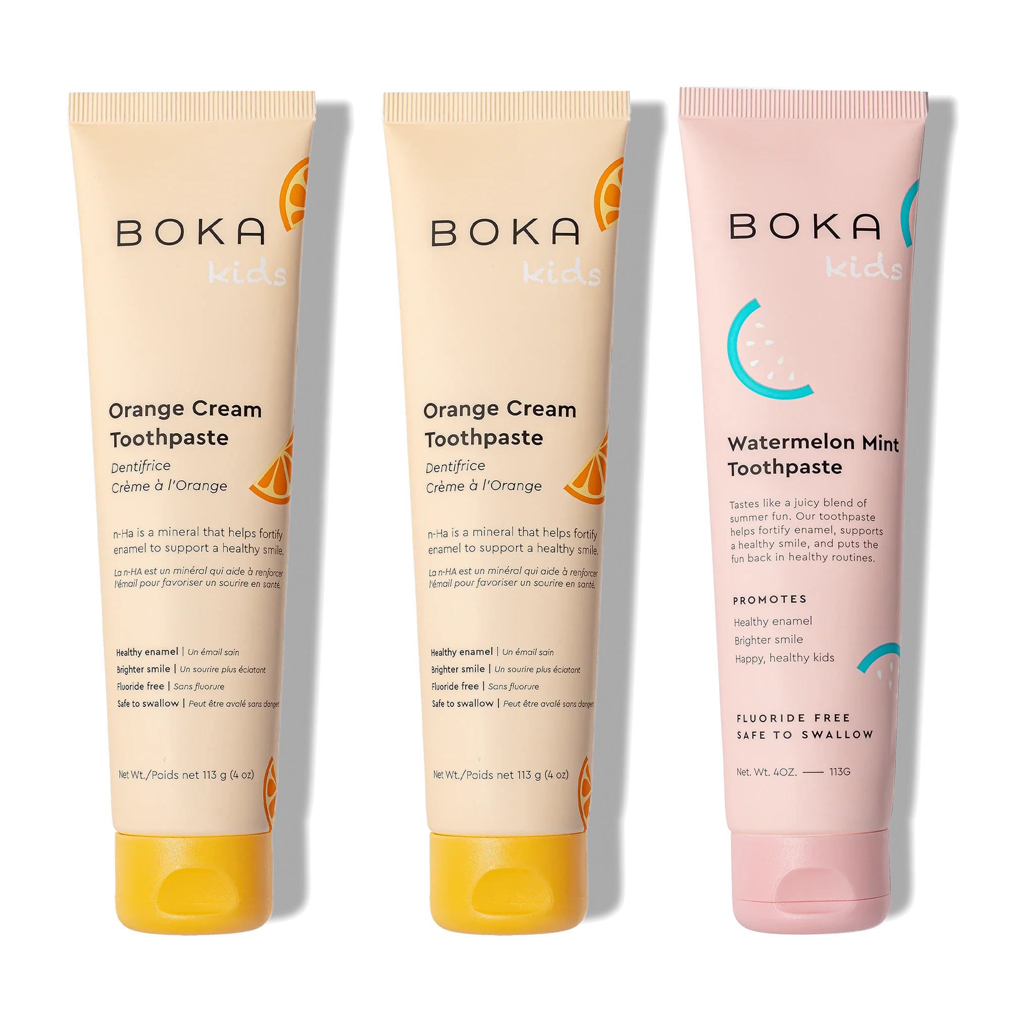 Three bottles of Boka Nano-Hydroxyapatite Toothpaste on a white background