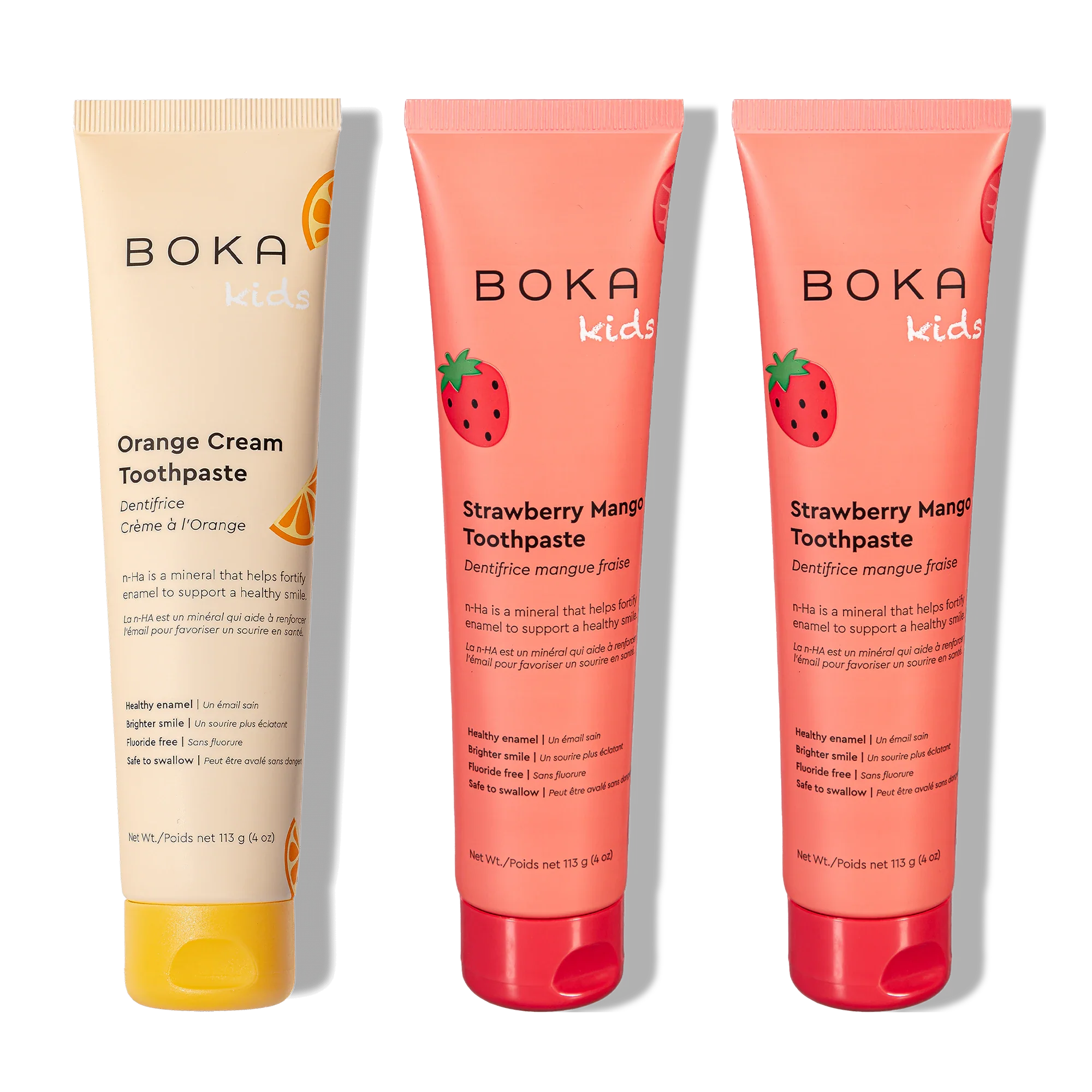 Three bottles of Boka Nano-Hydroxyapatite Toothpaste on a white background