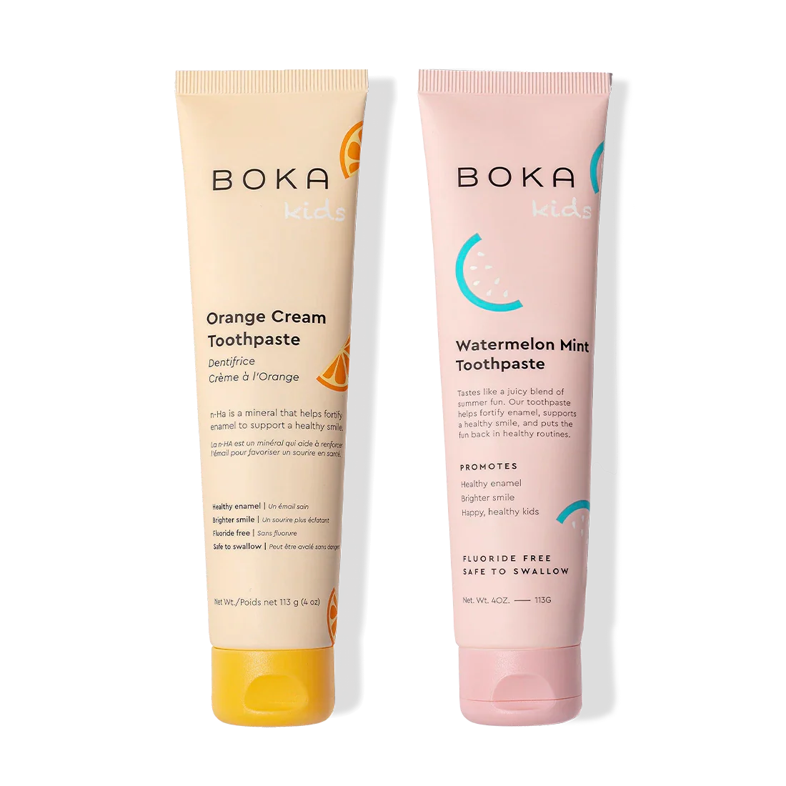 Two n-Ha Toothpaste 2-Pack tubes: Orange Cream & Watermelon Mint, upright and enamel-strengthening.