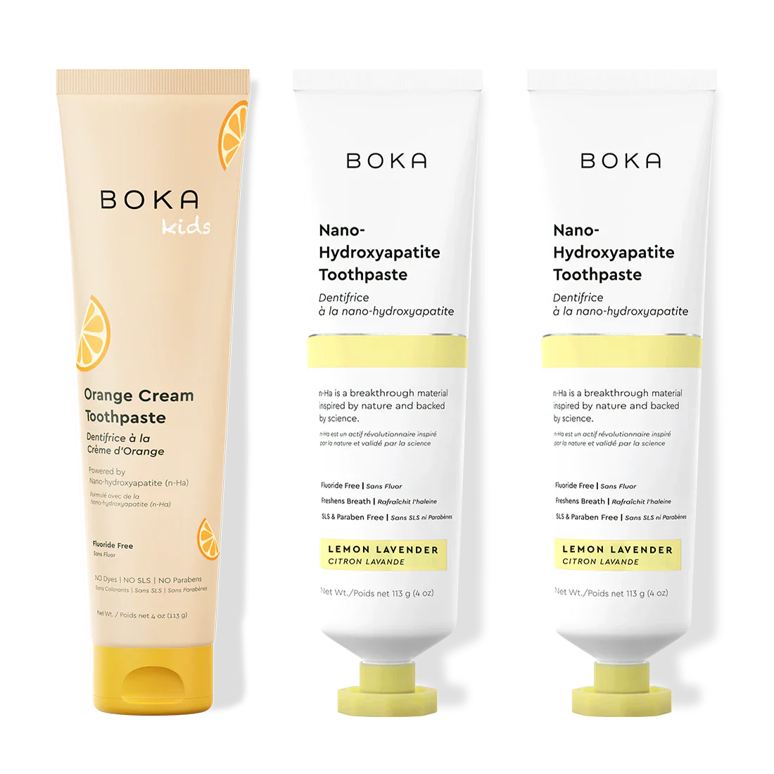 Three bottles of Boka Nano-Hydroxyapatite Toothpaste on a white background