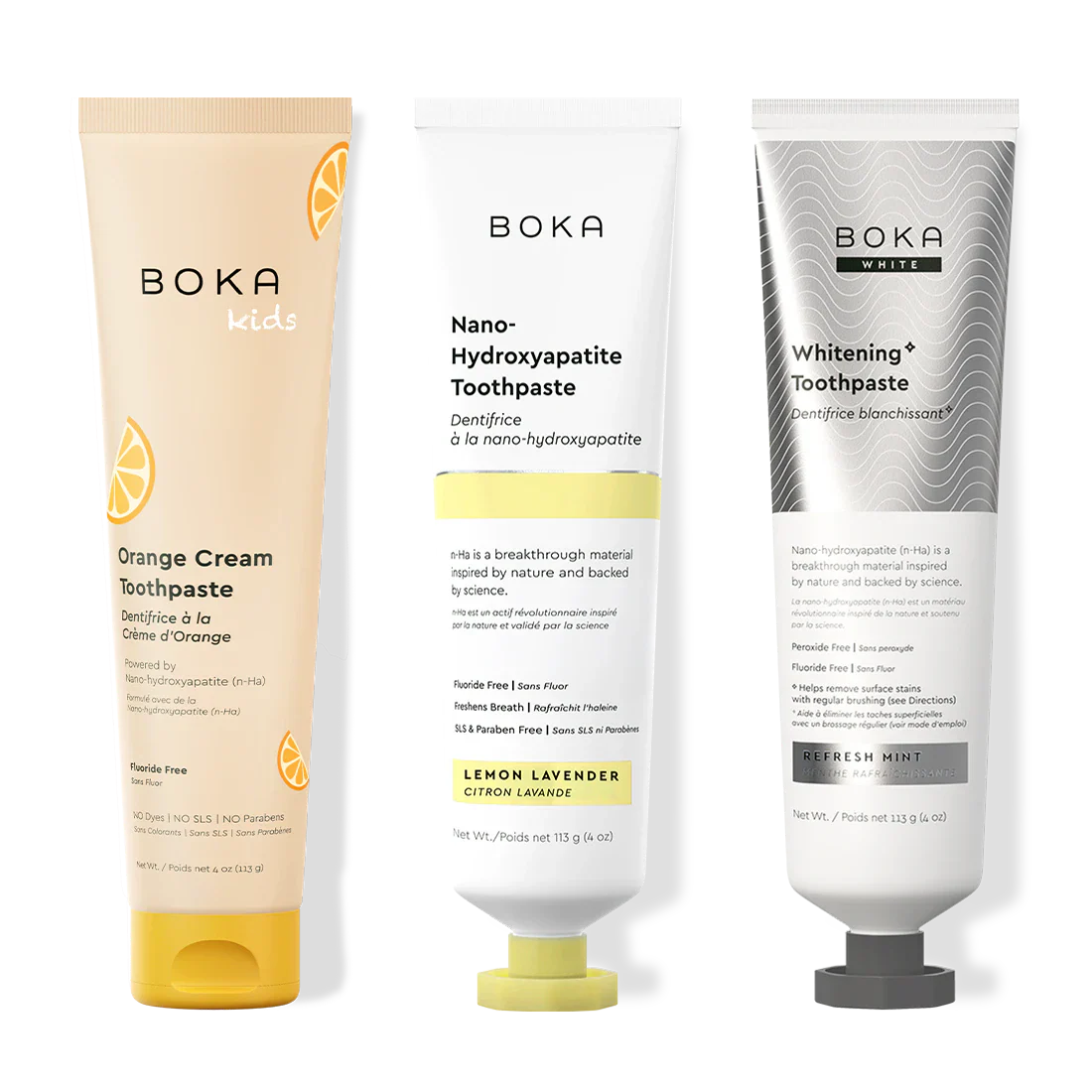 Three bottles of Boka Nano-Hydroxyapatite Toothpaste on a white background