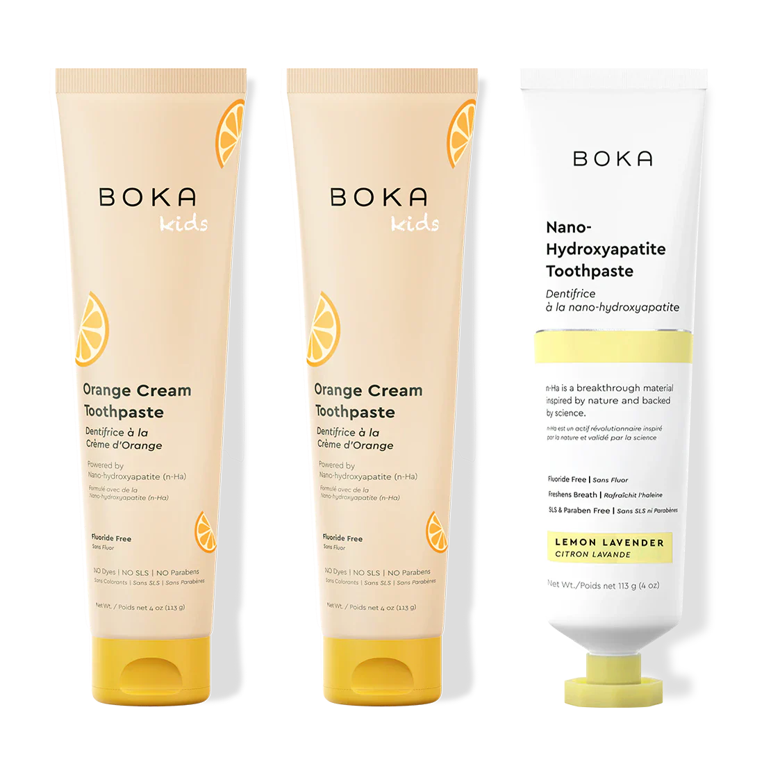 Three tubes of Boka Nano-Hydroxyapatite Toothpaste on a white background