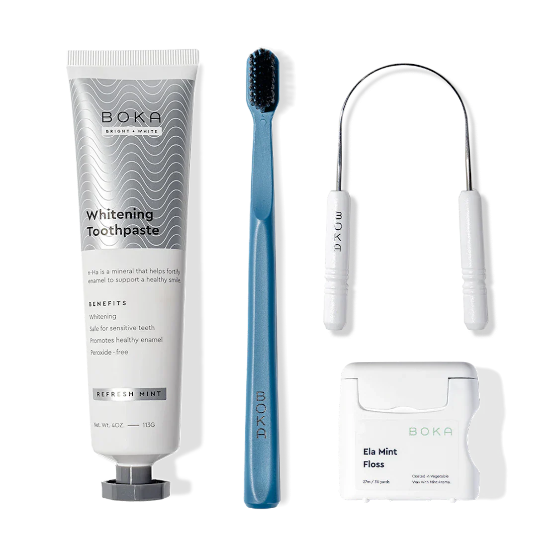 Boka Starter Kit: includes nano-hydroxyapatite toothpaste, charcoal toothbrush, floss & holder.