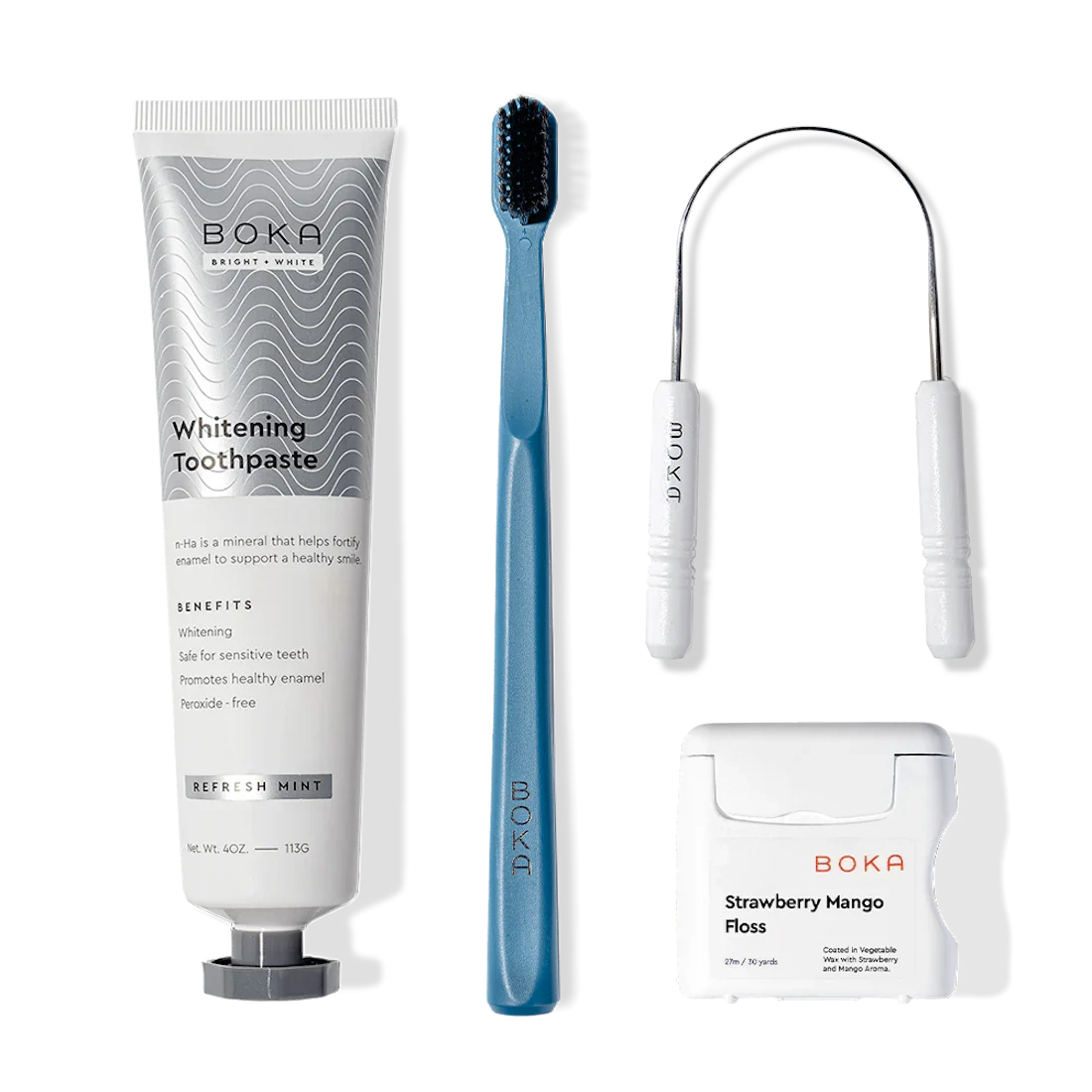 Starter Kit with nano-hydroxyapatite toothpaste, blue toothbrush, and strawberry mango floss.