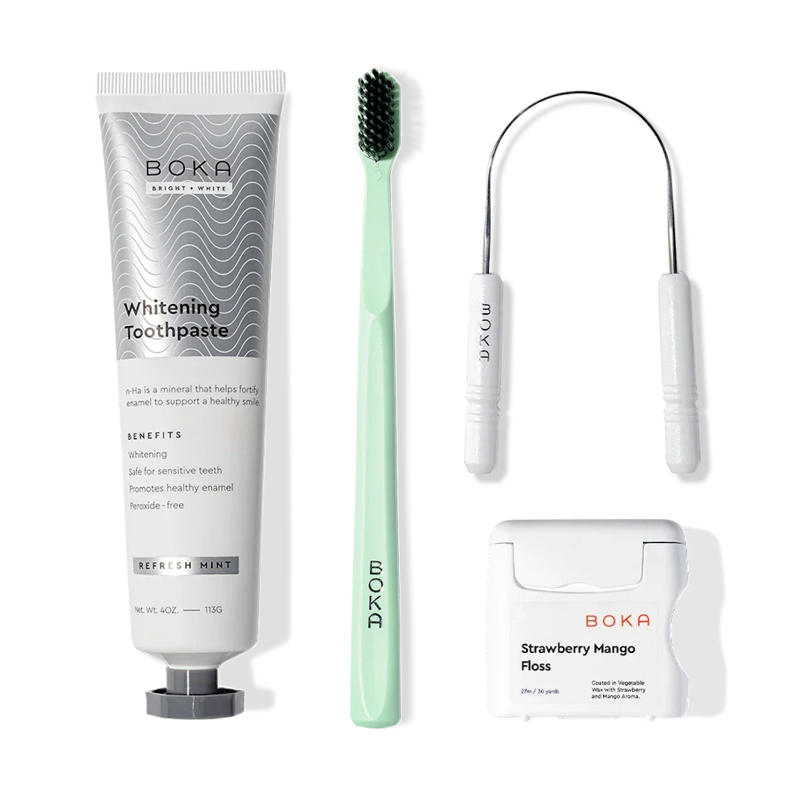 Boka Starter Kit: nano-hydroxyapatite toothpaste, mint brush, tongue cleaner, strawberry mango floss.
