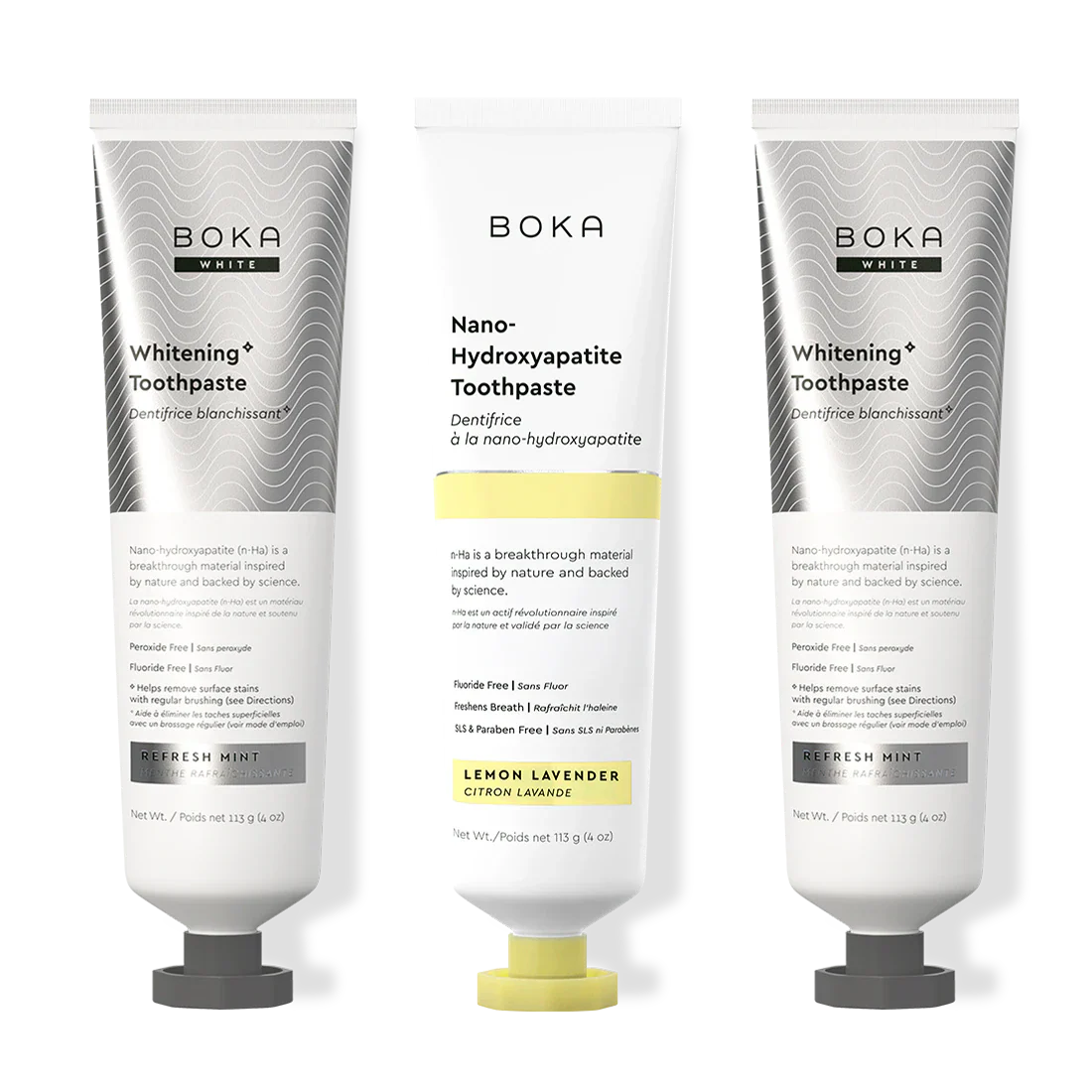 Three bottles of Boka Nano-Hydroxyapatite Toothpaste on a white background