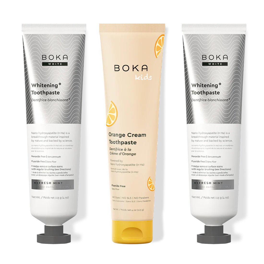 Three bottles of Boka Nano-Hydroxyapatite Toothpaste on a white background