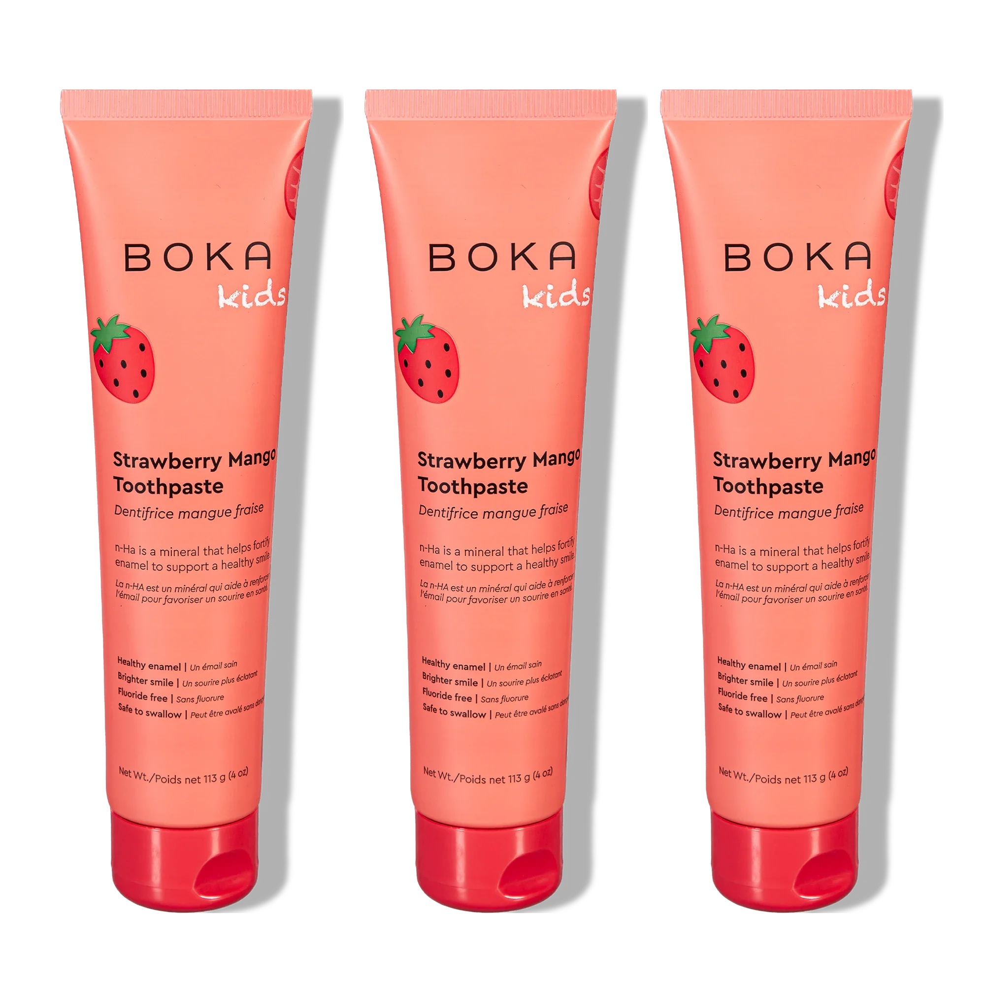 Three tubes of Boka Nano-Hydroxyapatite Toothpaste on a white background