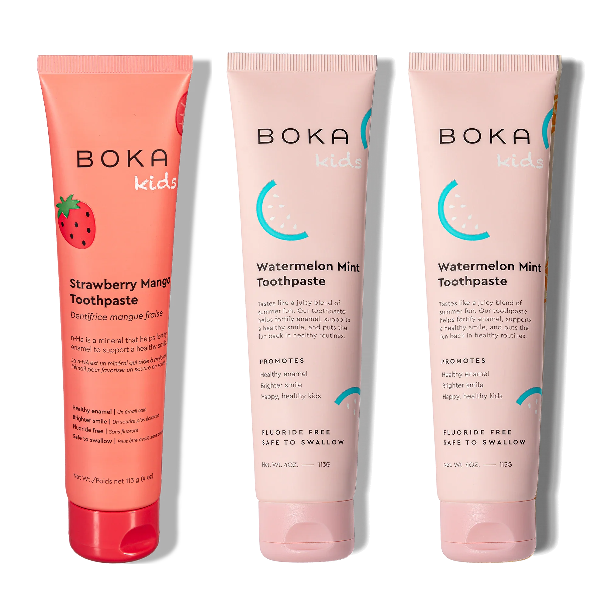 Three tubes of Boka Nano-Hydroxyapatite Toothpaste on a white background