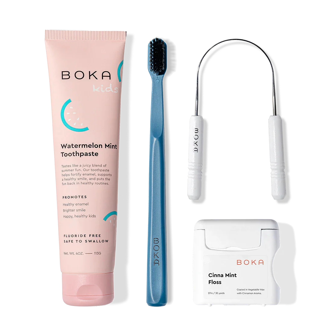 Starter Kit: kids watermelon mint nano-hydroxyapatite toothpaste, blue charcoal brush, floss & tongue cleaner.