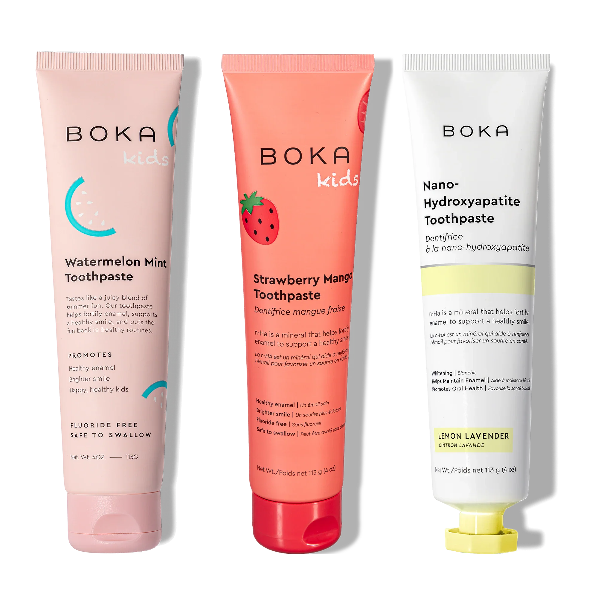 Three Boka toothpaste tubes in different flavors on a white background