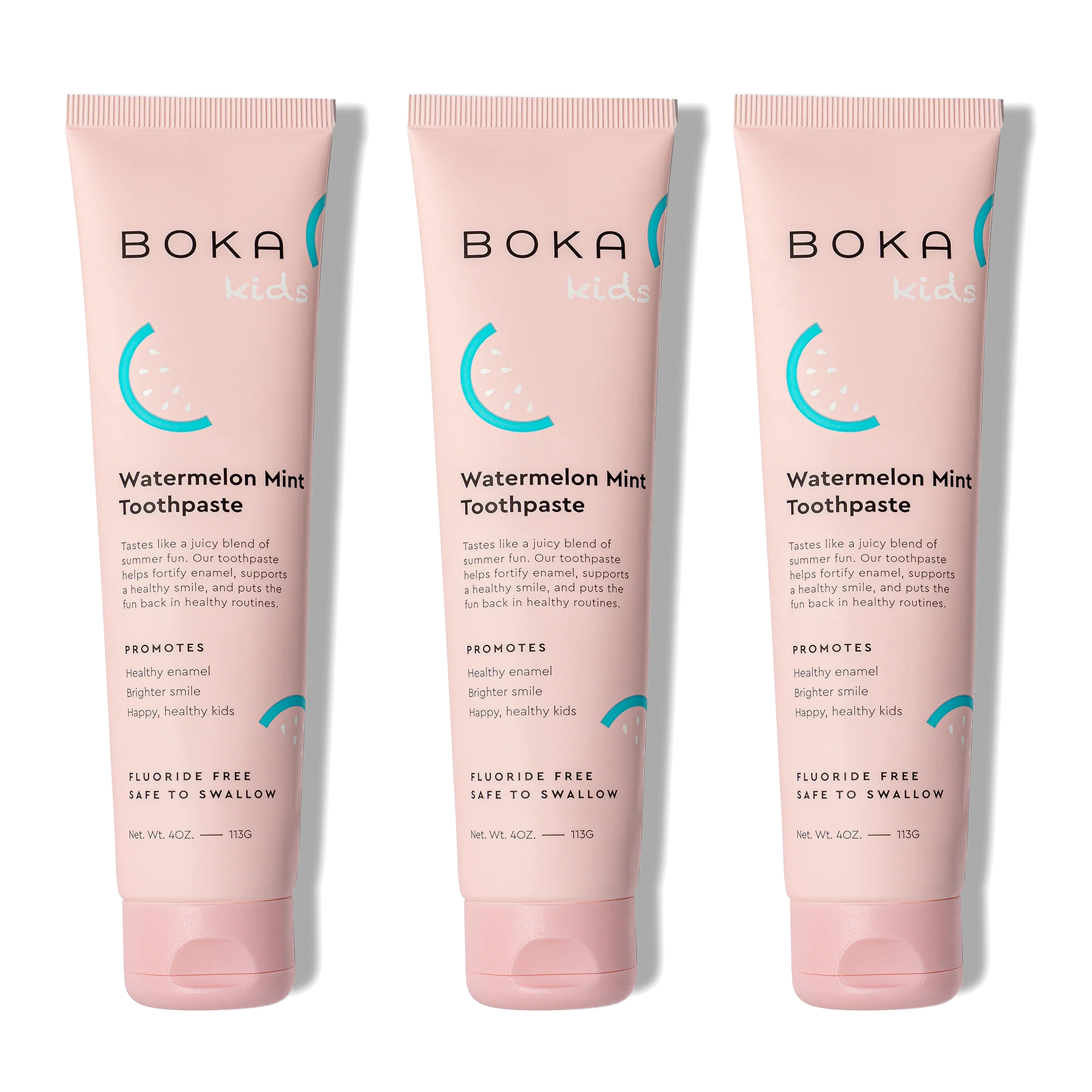 Three tubes of Boka Kids Watermelon Mint Toothpaste on a white background