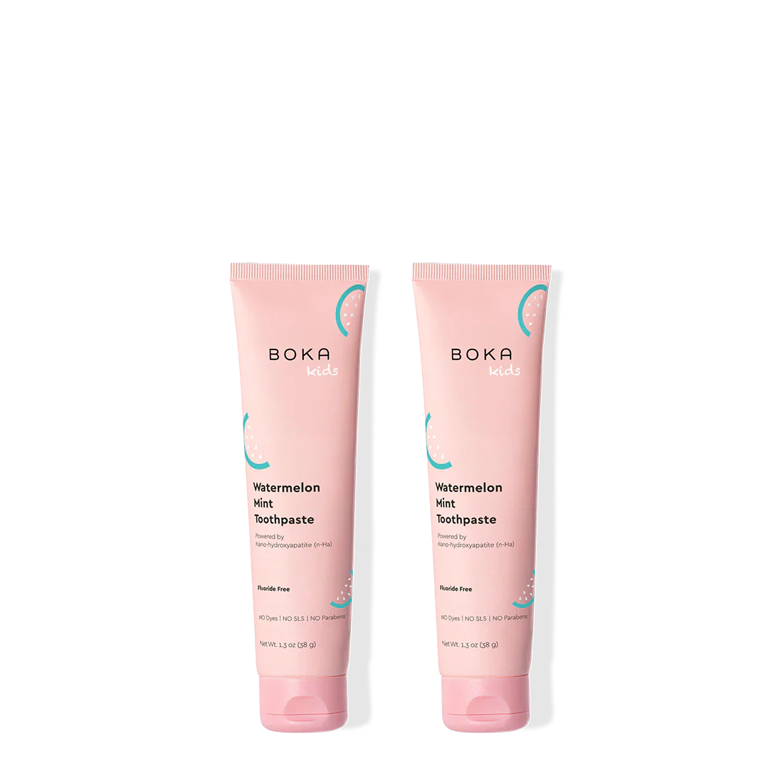 Two tubes of Boka Watermelon Mint toothpaste on a white background