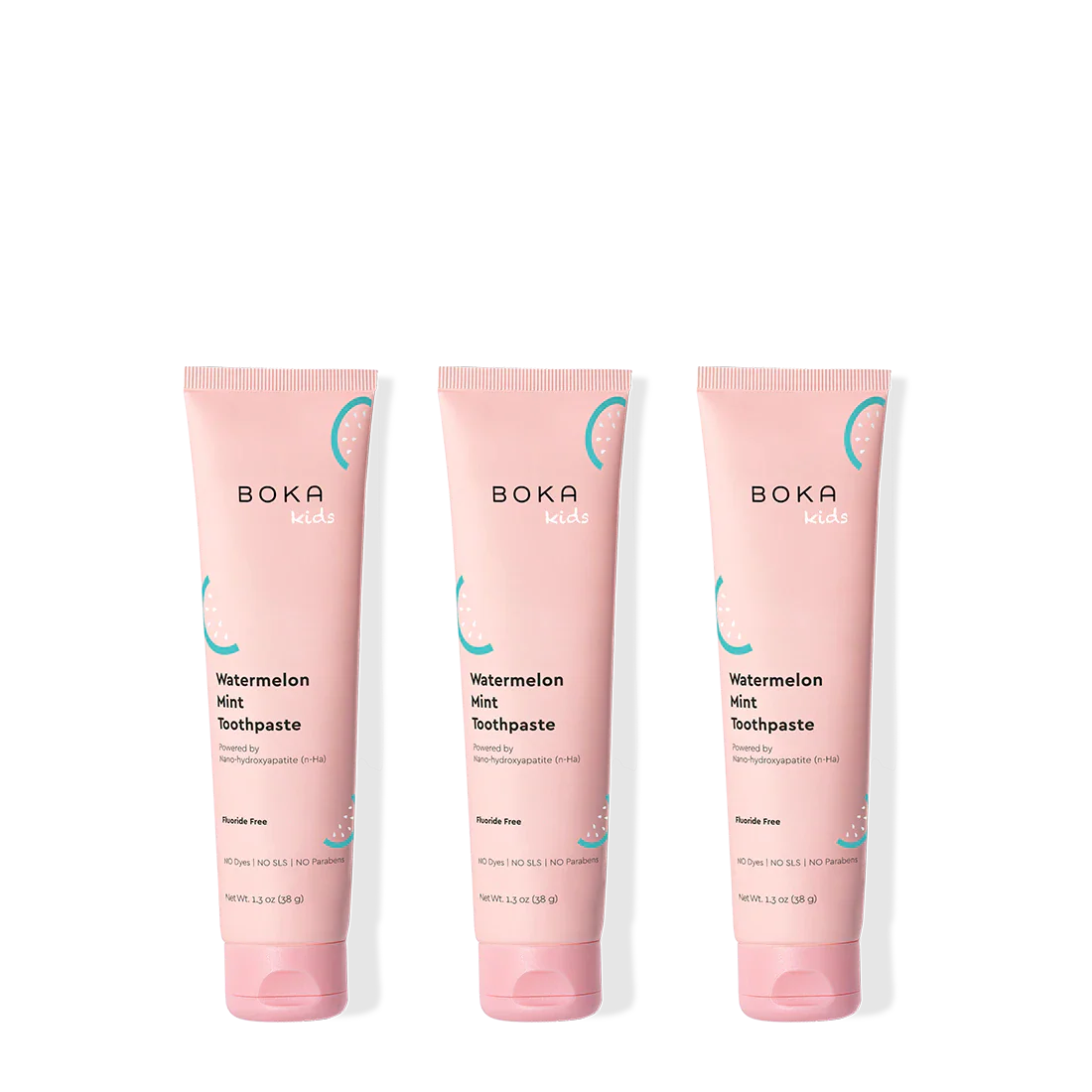 Three tubes of Boka Watermelon Mint Toothpaste on a white background