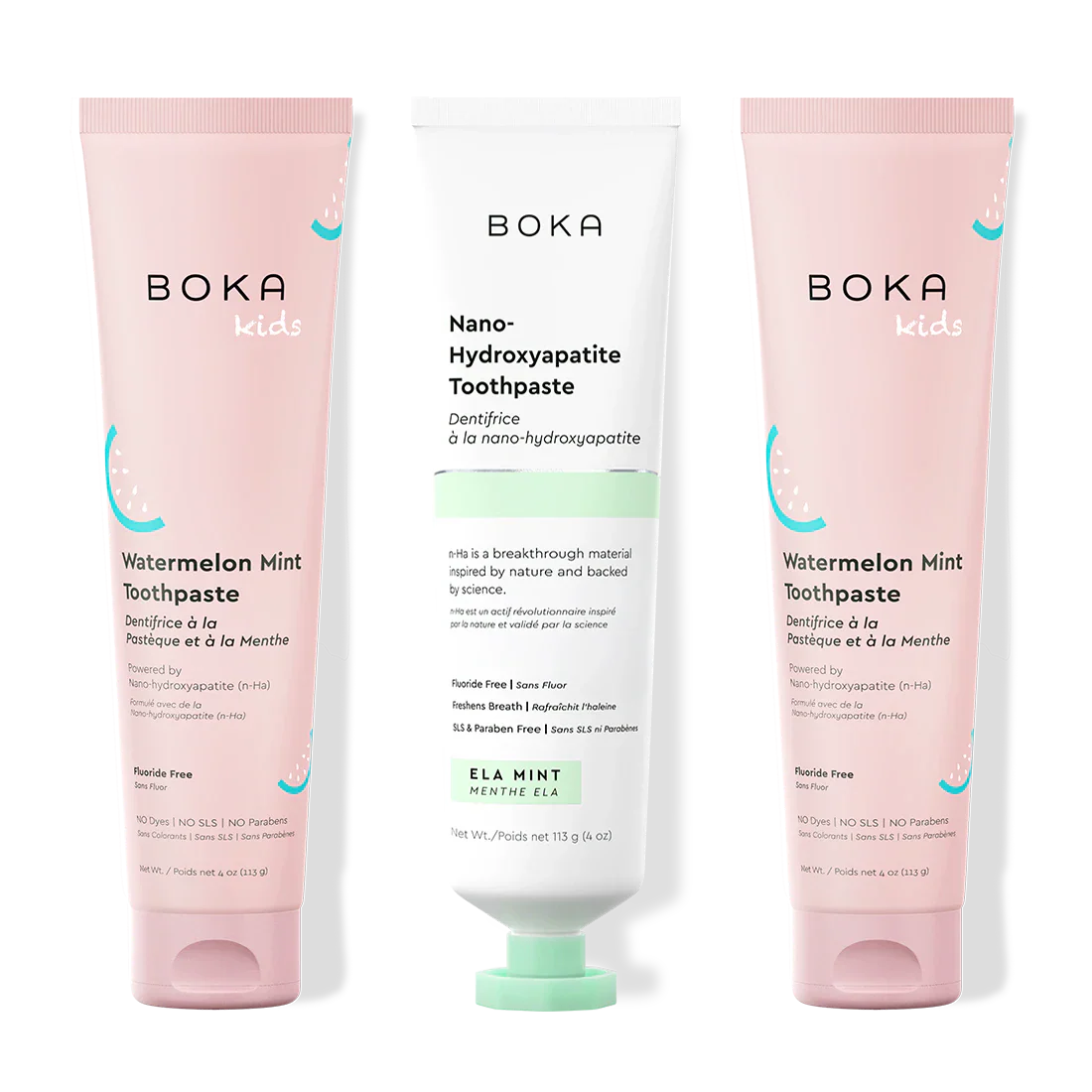 Three bottles of Boka Nano-Hydroxyapatite Toothpaste on a white background