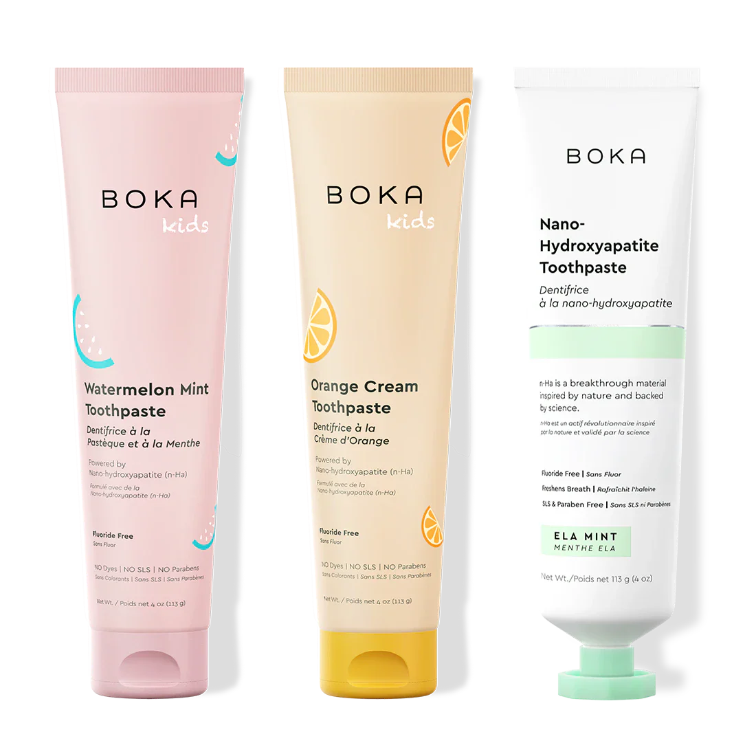 Three bottles of Boka Nano-Hydroxyapatite Toothpaste on a white background